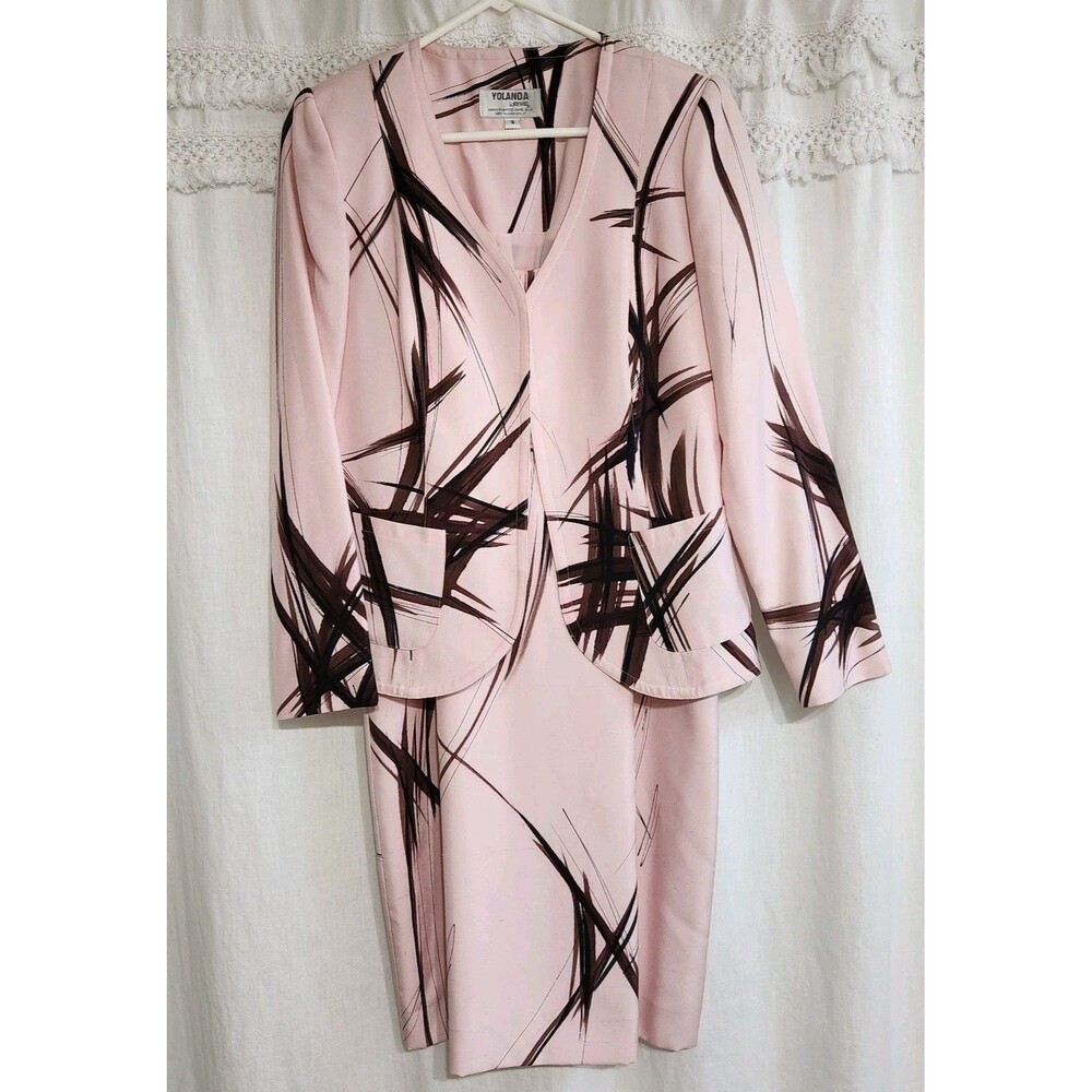VTG Yolanda Lorente Hand Painted 100% Silk Dress & Blazer S Pink Abstract Art *